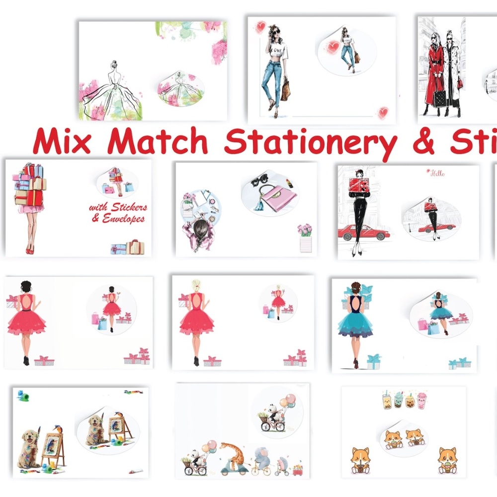 x12 Fashion Stationery CHOOSE 12 SETS! Gift Set w/ Matching Stickers Envelopes